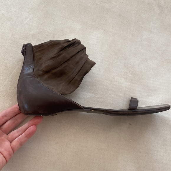 Delman, minimalist strap sandals, leather, ankle chiffon fabric, brown size 9 - Picture 10 of 14